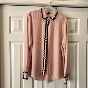Ann Taylor Pink with black ric-rac trim detail. Size large Button down blouse